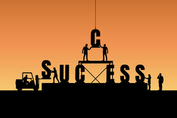 Silhouette of business people under construction the word "SUCCESS" over sky background. Collaboration, business, successful and goal concept.