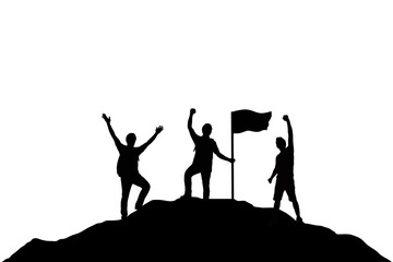 Silhouette of people on top the mountain. Illustration white background. Business, teamwork, goal, success and help concept.