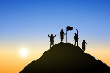 Silhouette of people on top the mountain at sunrise. Business, teamwork, goal, success and help concept.