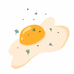  Vector illustration of scrambled eggs with greens. Cute egg breakfast. Omelet with greens.