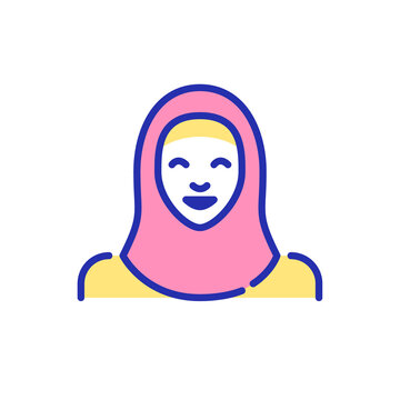 A smiling Muslim woman wearing a hijab. A person of Arab ethnical group. Pixel perfect, editable stroke fun color avatar icon