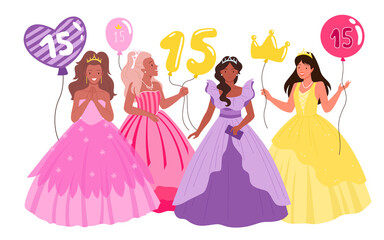 Cartoon teen female characters in purple or pink dresses, princess tiara and crown, holding balloons with number 15 isolated on white. Quinceanera, birthday party with pretty girls vector illustration