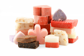 set of scented homemade soap bars isolated on white background