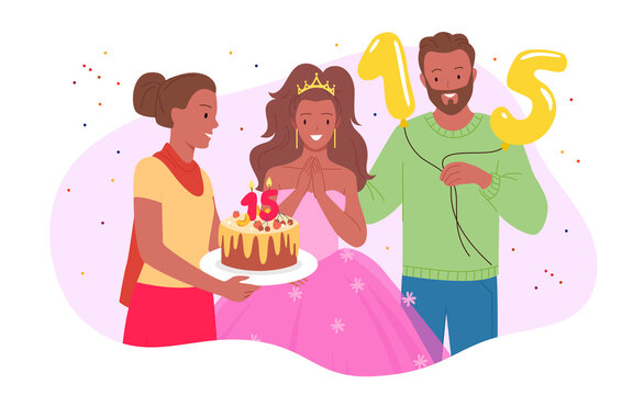 Family birthday party vector illustration. Cartoon mom giving cake with candles and number 15 to happy girl in pink princess dress and crown, dad with confetti and balloons. Quinceanera concept