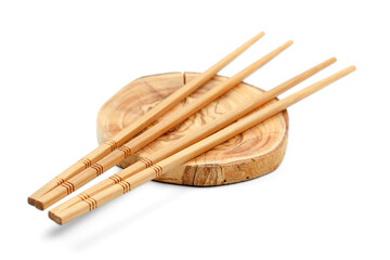 Chinese chopsticks on a wooden plank on a white background
