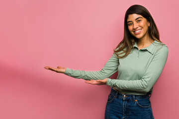 Attractive woman next to copy space