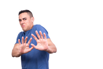 Portrait with copy space of a man rejecting something