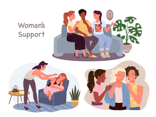 Female help, care and support to unhappy girl with mental problems vector illustration. Cartoon young women talking, comforting and hugging friend. Female community, empathy, friendship concept