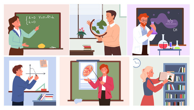 Cartoon female and male teacher or professor teaching math, chemistry, biology or literature near class board. Education concept. School lesson with teacher in classroom set vector illustration