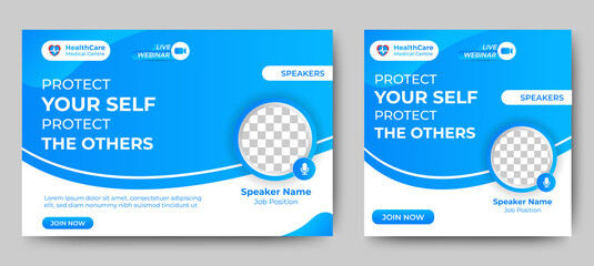 Medical Healthcare live webinar banner invitation and social media post template. coronavirus webinar invitation with clean gradient blue design.