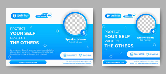 Medical Healthcare live webinar banner invitation and social media post template. coronavirus webinar invitation with clean gradient blue design.