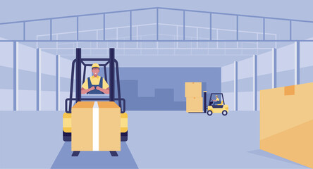 man driving forklift loader pallet truck warehouse robot car parcel box delivery logistic transport concept. © yellow_man
