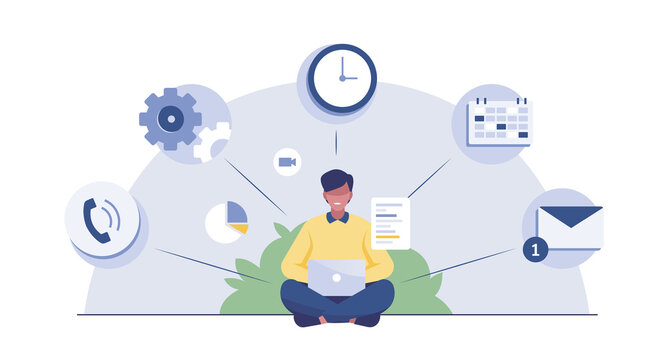 Businessman working with laptop . Multitasking and time management concept.