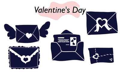 A set of items for Valentines Day. Envelopes, valentines, letters. Icons. In a solid version, in one color. A symbol of love and a Valentines Day holiday. Vector illustration.