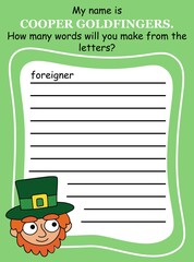 Word game with a cartoon hand-drawn leprechaun for kids vector illustration. Help Irish elf to create as many words by his name letters as you can. Happy Saint Patrick's day word puzzle in English