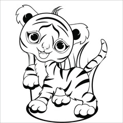 Black and white drawing of a tiger for coloring. Little tiger cub merrily walks. Vector illustration