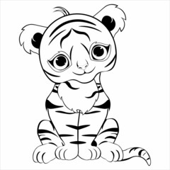 Black and white drawing of a tiger for coloring. Tiger sits and smiles. Vector illustration