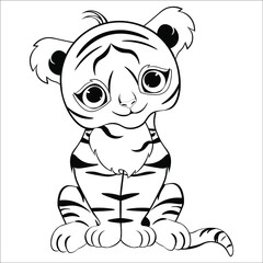 Black and white drawing of a tiger for coloring. Tiger sits and smiles. Vector illustration