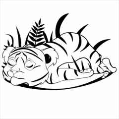 Black and white drawing of a tiger cub for coloring. A small tiger sleeps on its stomach against the background of leaves. Vector illustration.
