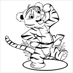 Black and white drawing of a tiger cub for coloring book. A small tiger stands on its hind legs against the background of leaves. Vector illustration.