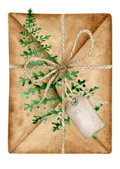 Letter with twine knot, emty tag and fern branch decoration. Watercolor rustic illustration.  Isolated clipart element on white background.