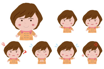 コート姿の若い女性　上半身　イラストセット