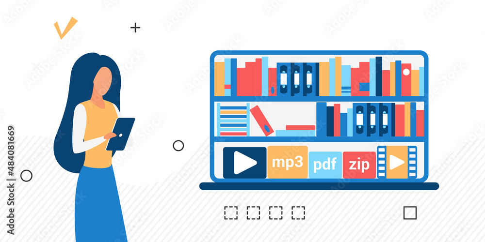 Poster internet library shelves with audio and video books. digital learning and education materials access