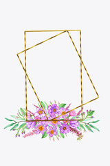Fototapeta na wymiar Gold frames with watercolor bouquets of flowers,peonies,poppies,orchids,roses, for Valentine's Day greeting cards, invitations,for design works,needlework and hobbies.