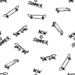It is summer now seamless pattern with skateborads. Doodle skatebord background. Black line sketch art icon style. Cute cartoon kids teens design.