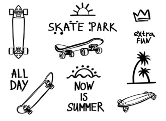 Doodle skate board black sketch set. Skateboard vector illustration. Hand drawn simple sport elements on white background. Cool street graphic print. © Sopelkin