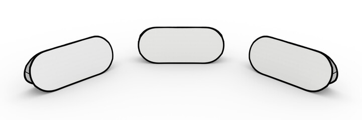Pill Shaped White Popup Banner Template, set of 3 in a cubical formation isolated on a white background. 3D render illustration.