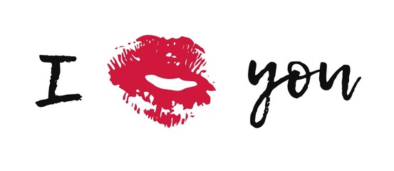 Hand drawn fashion illustration lipstick kiss. Female card with red lips. Romantic vector print isolated on white background