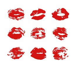 Hand drawn fashion illustration lipstick kiss. Female card with red lips. Romantic vector print isolated on white background