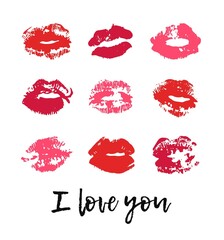Hand drawn fashion illustration lipstick kiss. Female card with red lips. Romantic vector print isolated on white background
