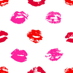 Fototapeta premium Hand drawn watercolor fashion illustration lipstick kiss. Female seamless pattern with red lips. Romantic background