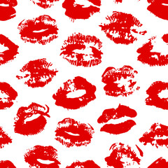 Fototapeta premium Hand drawn fashion illustration lipstick kiss. Female seamless pattern with red lips. Romantic vector background