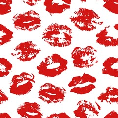 Hand drawn fashion illustration lipstick kiss. Female seamless pattern with red lips. Romantic vector background