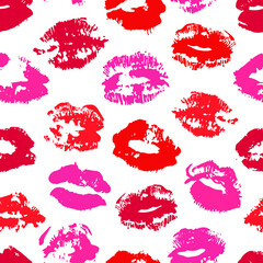 Hand drawn fashion illustration lipstick kiss. Female seamless pattern with red lips. Romantic vector background