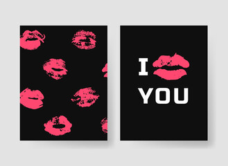 Set of templates for romantic cards. Hand drawn fashion illustration lipstick kiss. Female vector patterns brochures with lips. Actual artistic Valentines Day design