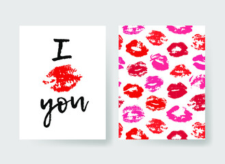 Set of templates for romantic cards. Hand drawn fashion illustration lipstick kiss. Female vector patterns brochures with lips. Actual artistic Valentines Day design