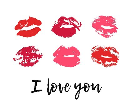 Hand drawn fashion illustration lipstick kiss. Female card with red lips. Romantic vector print isolated on white background