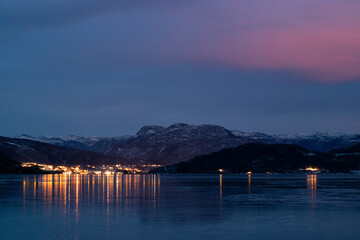 sunset night ice water landscape Fjord Etnesjøen Norway