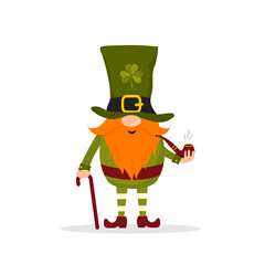 St. Patrick day gnome. Cute leprechaun with walking stick and smoking pipe. Vector illustration in flat cartoon style. Hand drawn element for irish holiday.