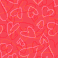 Seamless romantic pattern with hand drawn red hearts. Colorful doodle hearts on red background. Ready template for design, postcards, print, poster, party, Valentine's day, vintage textile. Vector.