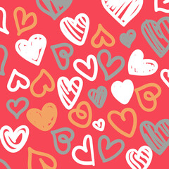 Simple little hearts. Hand drawn seamless pattern on pink background. Doodle brush, pen, marker illustration. Scribble ornament backdrop.