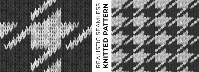 Vector template of realistic houndstooth knitted pattern. Seamless texture of classic fashion textile print on knitwear. Detailed monochrome ornament for background, wallpaper, website backdrop.