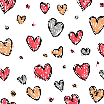 Simple little hearts. Hand drawn black line seamless pattern on white background. Doodle brush, pen, marker illustration. Scribble ornament backdrop.