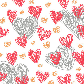 Simple little hearts. Hand drawn seamless pattern on white background. Doodle brush, pen, marker illustration. Scribble ornament backdrop.