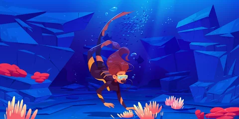 Cercles muraux Bleu foncé Young woman scuba diver explore sea bottom with seaweeds and corals. Girl in mask and costume explore underwater tropical reef, ocean world, female character snorkeling, Cartoon vector illustration