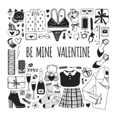 Hand drawn Fashion Illustration Romantic Objects and quote. Creative ink art work. Actual vector drawing of Holiday things. Happy Valentine's Day set and text